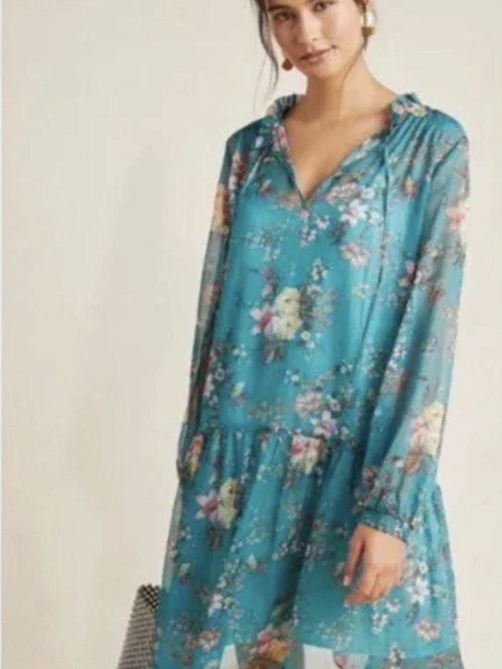 NWT Anthropologie Maive Teal Floral Ruffle-Trim Sheer Long-Sleeve Dress. Size XS - Picture 5 of 16